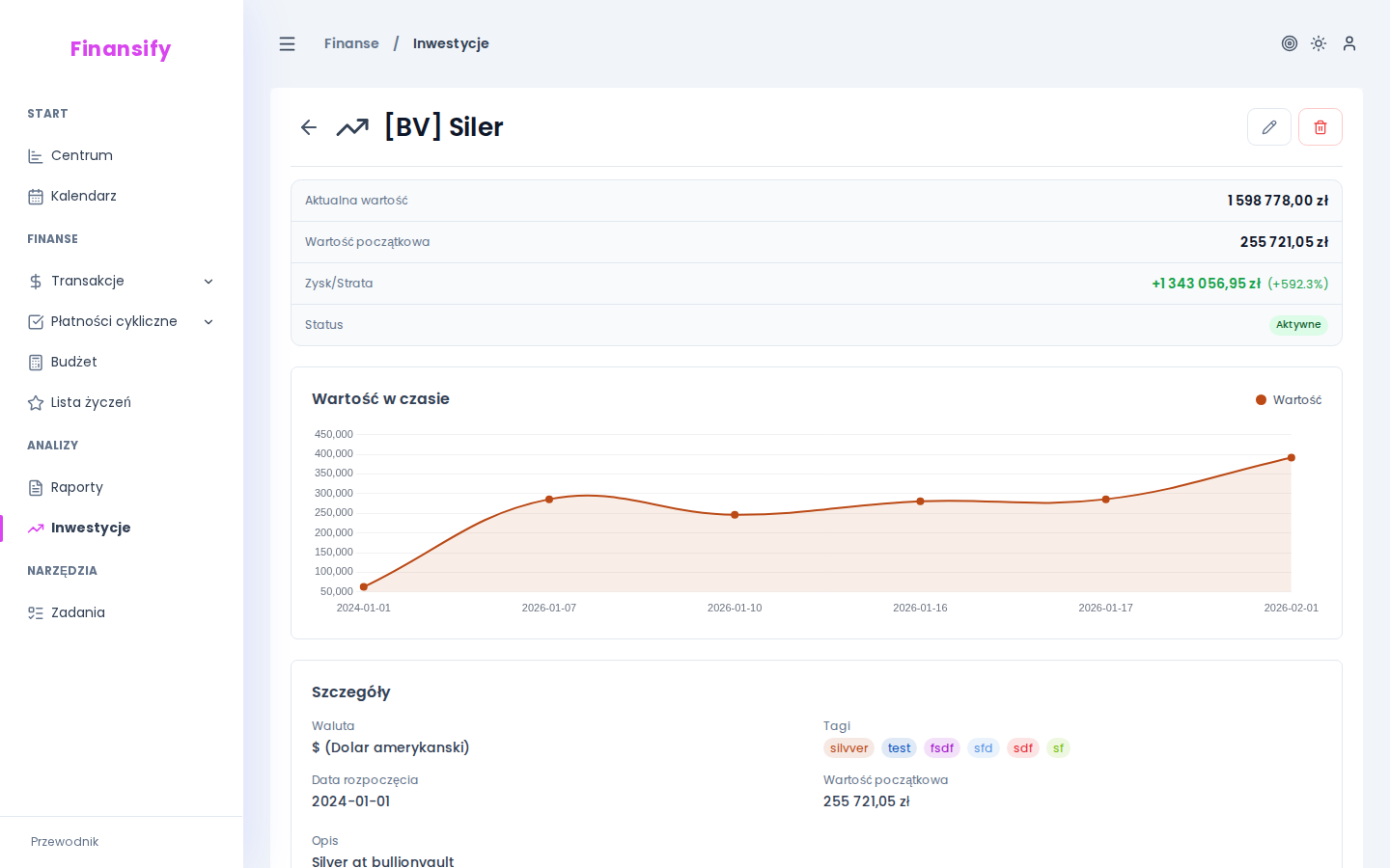 Szczegóły inwestycji — wykres wartości w czasie (linia z punktami), tabela wpisów wartości z datami i kwotami, przycisk "Dodaj wpis wartości"