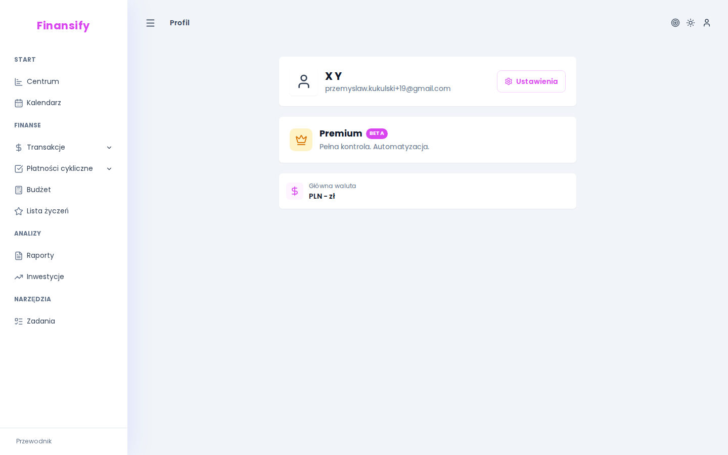 Strona profilu — karta z imieniem, e-mailem, informacją o planie subskrypcji (np. "Free — Za darmo, na zawsze"), walutą główną, przycisk "Ustawienia"