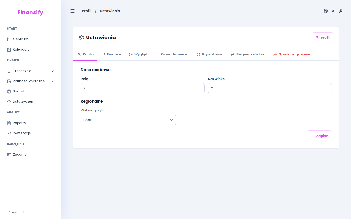 Lista aktywnych sesji — 2–3 wpisy: "Chrome na Windows" (bieżąca sesja, podświetlona), "Safari na iPhone" (3 godziny temu), z przyciskiem "Wyloguj" przy każdej